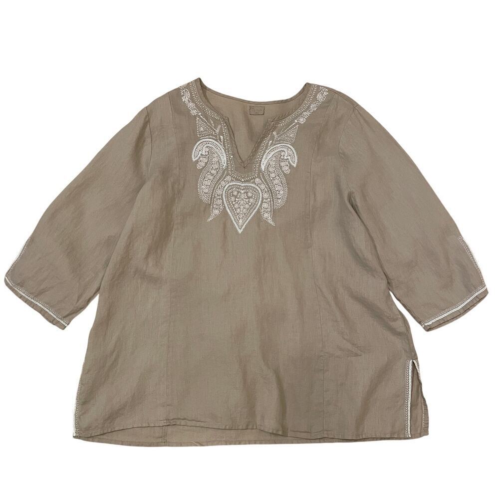 Simply NY 100% Linen Embroidered Tunic | Sequin Trim, Boho Resort Wear, XL New